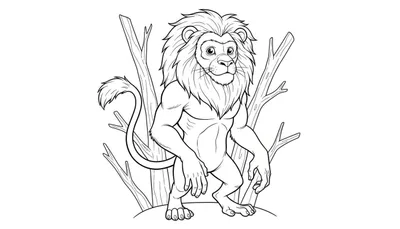 Zwart-wit lijntekening van een leeuw op achterpoten, omringd door takken.