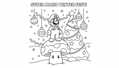 Kleurplaat met Super Mario die lachend op een paddenstoel staat voor een kerstboom, met de tekst 'SUPER MARIO WINTER FEST!' erboven en winterse decoraties.