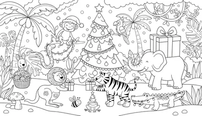 Kleurplaat van jungle dieren die Kerstmis vieren in een tropische omgeving, met een kerstboom, palmbomen, cadeaus en slingers.