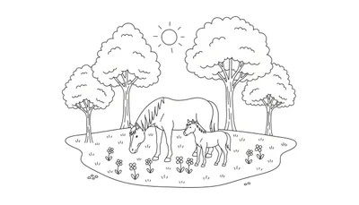 Kleurplaat van een moederpaard en haar veulen in een weiland met bomen, gras, bloemen en zon.