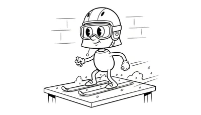 Zwart-wit cartoontekening van een gelukkig figuurtje met skihelm en skibril op ski's, met bewegingslijnen en wolkjes.