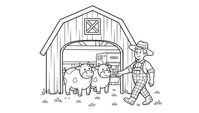 Zwart-wit kleurplaat van een boerderij met een houten schuur, een GEA melkmachine, twee vrolijke koeien en een lachende boer in tuinbroek.