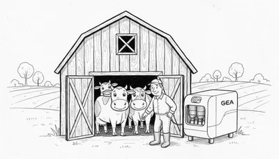 Zwart-wit kleurplaat van een boerderij met lachende koeien, een boer en een melkmachine.