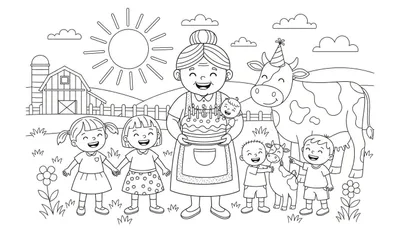 Kleurplaat van een blije oma met een verjaardagstaart met 61 kaarsen en een baby, omringd door lachende kinderen, een koe met feesthoedje en kalfjes, op een boerderij met schuur, silo, hek en zon.