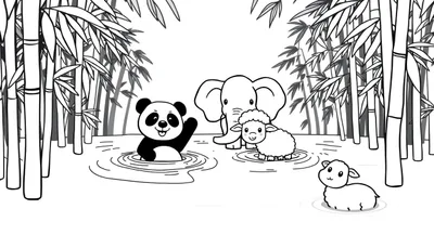 Kleurplaat van een panda, olifant en twee schaapjes in een bamboebos met water.