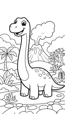 Kleurplaat van een grote, lachende dinosaurus met een lange nek en ronde vlekken op zijn rug, staand in een prehistorische omgeving met palmbomen, grote bladeren, struiken en een rokende vulkaan op de achtergrond.