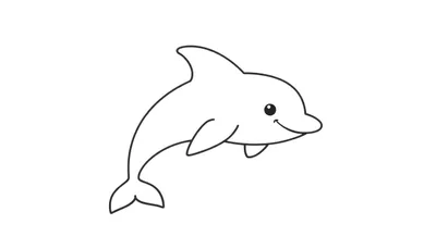 Zwarte lijnen tekening van een glimlachende dolfijn op een witte achtergrond, bedoeld als kleurplaat.