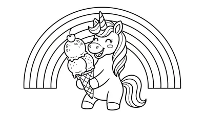 Zwart-wit tekening van een lachende cartoon eenhoorn met gesloten ogen die een ijshoorntje vasthoudt, met een regenboog op de achtergrond.