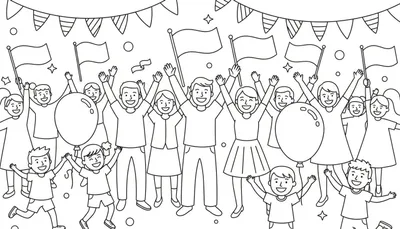 Kleurplaat van een grote groep blije mensen, volwassenen en kinderen, die hun armen in de lucht steken, juichend en feestend met vlaggen, slingers en ballonnen.
