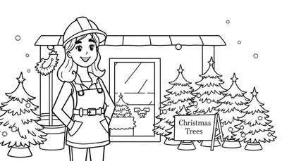 Zwart-wit kleurplaat van een kerstbomenverkoop met een lachende vrouw, kerstbomen, een waterput en een huisje met kerstlichtjes.