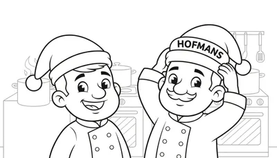 Zwart-wit kleurplaat van twee mannelijke koks met kerstmutsen in een keuken.