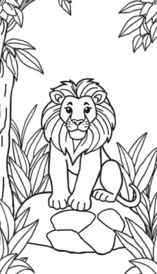 Zwart-witte lijntekening van een vriendelijke, zittende leeuw met een grote manen, omringd door jungle planten en gras. Deze kleurplaat is bedoeld om in te kleuren.