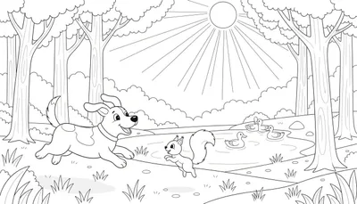 Zwart-wit kleurplaat van een hond die rent, een eekhoorn op de grond, vier eenden die zwemmen in een vijver, omringd door bomen en met een zon aan de lucht.