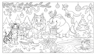 Kleurplaat van diverse dieren, waaronder een aap, tijger, leeuw, olifant, kangoeroe, krokodil, kikker en slang, allemaal in een kerstachtige bosomgeving met kerstbomen, cadeaus en kerstversiering.