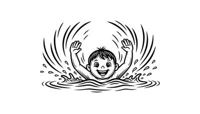 Zwart-wit illustratie van een blije jongen die met zijn armen omhoog zwaait in opspattend water.