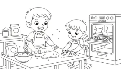 Kleurplaat van een jongen en een meisje die samen koekjes bakken in een keuken.