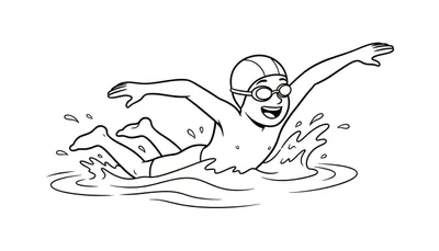 Zwart-wit tekening van een lachend kind met zwemmuts en zwembril dat actief aan het zwemmen is, omringd door vrolijke waterspatten.