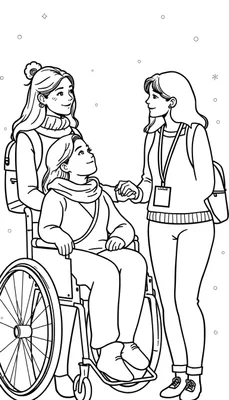 Zwart-wit lijntekening van drie vrouwen die vrolijk interactie hebben; een vrouw in een rolstoel, een vrouw die haar hand vasthoudt en een vrouw die erachter staat.