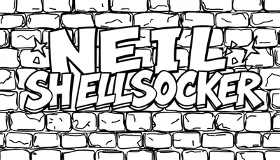 Zwart-wit kleurplaat met de naam NEIL SHELLSOCKER in grote, dik omrande letters op een bakstenen muur, versierd met sterren.