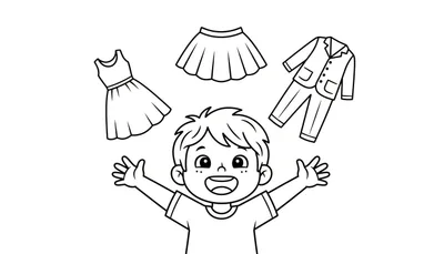 Zwart-wit lijntekening van een lachende jongen met sproetjes die zijn armen wijd opent, met een mouwloze jurk links, een plooirok boven en een pak rechts van hem zwevend.
