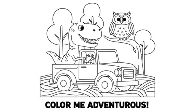 Zwart-wit kleurplaat van een lachende dinosaurus in een jeep met een uil in een boom op een heuvelachtig landschap, met de tekst 'COLOR ME ADVENTUROUS!'