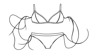 Zwart-wit lijntekening van een tweedelig bikinipak met driehoekige cups, dunne bandjes en golvende strikdetails aan de zijkanten.