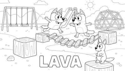 Kleurplaat van Bluey en Bingo die 'De vloer is lava' spelen op een speeltuin, met een kangoeroe die toekijkt vanaf een blok. De grond is lava, en ze gebruiken blokken en een brug om niet aangeraakt te worden.