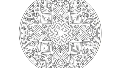 Zwart-wit gedetailleerde mandala kleurplaat met een zespuntige ster in het centrum en complexe geometrische patronen.