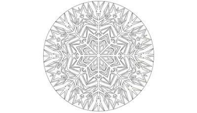 Zwart-witte kleurplaat van een complex, symmetrisch, rond geometrisch patroon met scherpe, hoekige lijnen, lijkend op een abstracte sneeuwvlok of mandala, ingesloten in een cirkel.