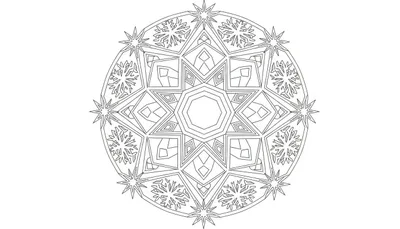 Zwart-wit lijntekening van een complexe, cirkelvormige mandala met een achthoek in het midden, geometrische patronen, stervormen en sneeuwvlokdetails, klaar om ingekleurd te worden.