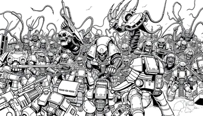 Gedetailleerde zwart-wit tekening van een leger van sci-fi krijgers met schedelhelmen en tentakels, klaar voor de strijd, met een rotsachtig, desolaat landschap op de voorgrond.