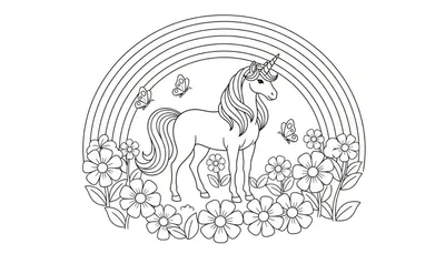 Een zwart-wit lijntekening van een eenhoorn met golvende manen en staart, een hoorn op zijn voorhoofd, met achter zich een grote regenboog. Rondom de eenhoorn bevinden zich veel bloemen en drie vlinders.