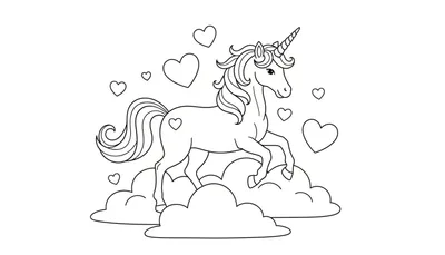 Eenhoorn kleurtekening met hartjes en wolken, zwarte lijnen op witte achtergrond.