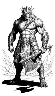 Zwart-wit tekening van een gespierde draak krijger met een strijdbijl, in fantasy-stijl.