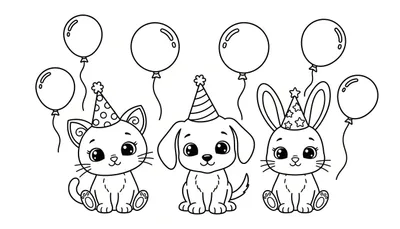 Zwart-wit lijntekening van een poes met gestippelde feestmuts, een hondje met gestreepte feestmuts en een konijntje met sterrenfeestmuts, zittend naast elkaar, met vijf ballonnen erboven. Bestemd als kleurplaat.