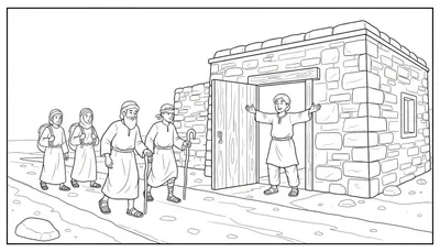 Kleurplaat van een groep reizigers die worden verwelkomd door een jonge man bij de deuropening van een stenen huis.