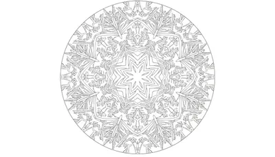 Gedetailleerde lijntekening van een symmetrische mandala, lijkend op een sneeuwvlok of ijskristal, met een zespunts ster in het midden en ingewikkelde patronen die naar buiten stralen.