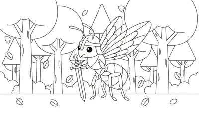 Zwart-wit lijntekening van een gevleugeld insect met helm en zwaard, staand in een bosrijke omgeving.
