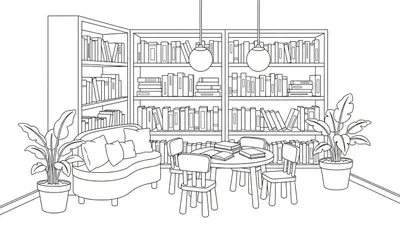 Zwart-wit lijntekening van een kamer met boekenkasten, zitbank, ronde tafel met stoelen en kamerplanten, ideaal als kleurplaat.