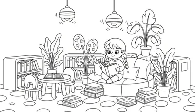 Zwart-wit kleurplaat van een gezellige leeshoek met een meisje dat leest op een zitzak, omringd door boeken, planten en meubels.