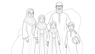 Kleurplaat van een blij islamitisch gezin van vijf: vader, moeder, grootmoeder, dochter en zoon, die elkaar omarmen.