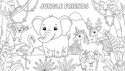 Kleurplaat van een jungle met een lachende olifant, zwaaiende aap, flamingo, eenhoorn, hertje en koe.