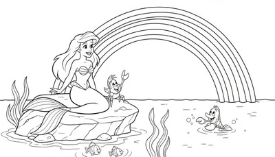 Zwart-wit kleurplaat van Ariel de zeemeermin zittend op een rots met Sebastiaan de krab. Een grote regenboog strekt zich uit boven hen, met water, zeewier, een kreeftachtig dier en visjes.
