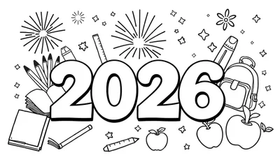 Zwart-wit kleurplaat van het jaartal 2026 met schoolspullen, appels, sterren en vuurwerk.