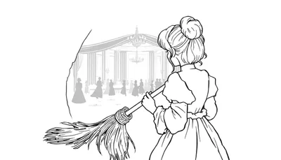 Kleurplaat van een meisje met opgestoken haar en een oude jurk, met een bezem in haar handen, kijkend door een opening naar een feestzaal vol silhouetten van dansende mensen, zuilen en kroonluchters.