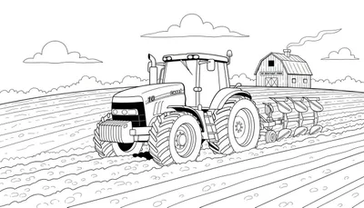 Zwart-wit kleurplaat van een boerderijlandschap met een CASE 10 tractor die een veld ploegt, een boerderijschuur genaamd 'De Sentient Farm' en glooiende heuvels op de achtergrond.