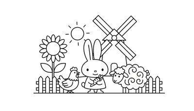 Kleurplaat met een boerderijtafereel, met een kip, een konijn dat een wortel vasthoudt, een schaap, een zonnebloem, een windmolen en de zon.