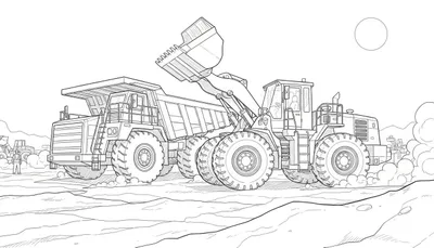 Kleurplaat lijntekening van een bouwplaats met een wiellader en een dumper.