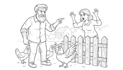 Kleurplaat van een burenruzie tussen een boze oude man met baard en een overstuurde vrouw achter een hek, met drie kippen op de voorgrond.