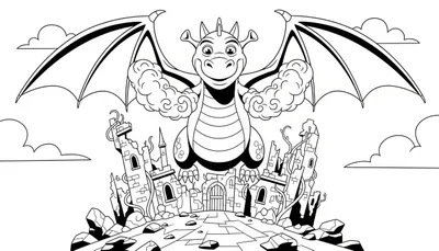 Zwart-wit lijntekening van een vriendelijke draak met uitgespreide vleugels boven een ingestort kasteel met torens en een poort, omringd door rotsen en planten. Wolken op de achtergrond.
